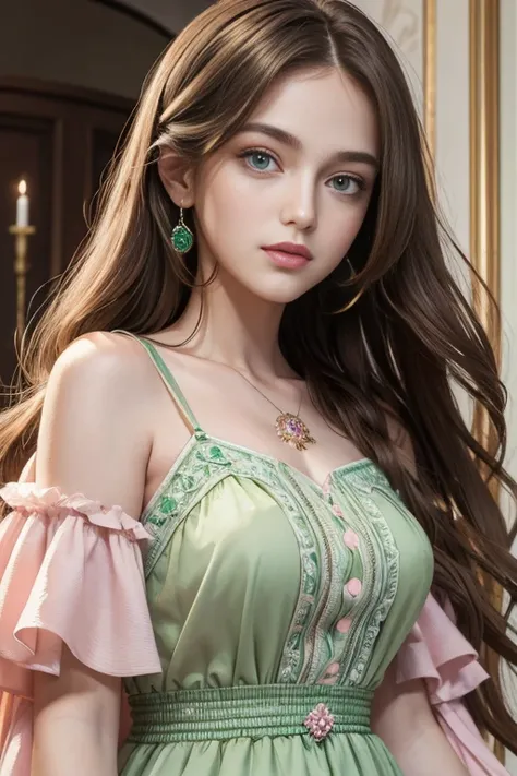 high resolution, (masterpiece: 1.4), hyper-detail, wavy long hair, brown hair, 1girl, emerald eyes, pink lips, pastel green dress,