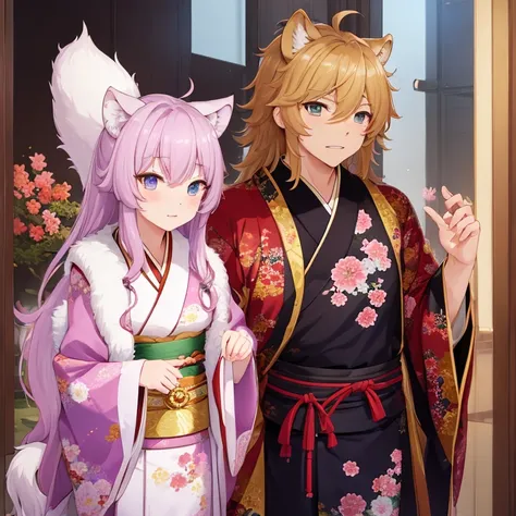 1 male、disguised as a lion、toyotomi hideyoshi、kimono、broken long-sleeved kimono、fluffy fur、respectable mane、sharp eyes、tooth、coo...