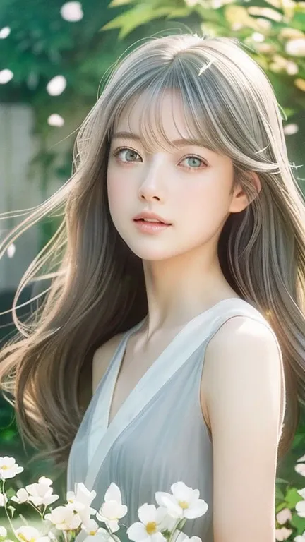 (: 1.5), race, ribbon, Hanfu, (masterpiece, side light, delicate and beautiful うすいgray eyes: 1.2), masterpiece, realistic, shining eyes, shiny hair, deep patina hair, long hair, shiny skin, alone, strapless, delicate, beautiful, garden, flowers, A lot of f...