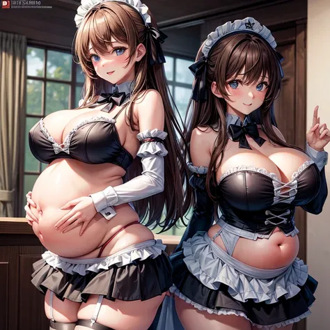 Big breasts anime girl pregnant belly wearing a sexy maid outfit mini skirt showing her huge belly maid hat rubbing her belly with both hands standing long brown hair, tocando su vientre de embarazada de forma sexy.