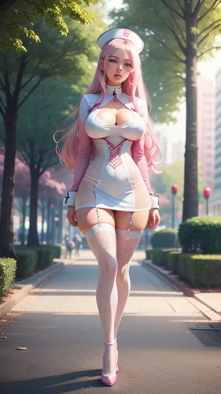 Full Body Fishnet Stockings, Gorgeous girl, sexy white tight short nurse costume, big breasts, big ass, Slim waist, pink long hair, High quality, Ultra-realistic, high detail, park, trees, 