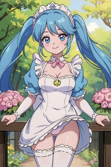 super idol　A beautiful girl in a sparkling maid cafe　charming smile　sky blue hair　hair length　twin tails　A cafe full of flowers in a bright forest　white, there&#39;s pink there, Blue and yellow maid style leotard　Facing the front, naked crotch, naked pink ...