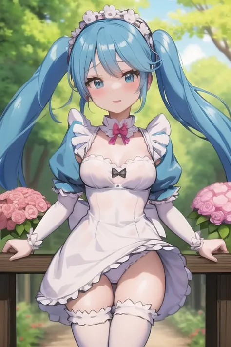 A woman wearing a maid costume stands on a fence holding flowers, loli in a dress, anime moe art style, small curvaceous loli, Anime girl in a maid costume, sexy maid in the magical forest, official artwork, splash art anime , , portrait of hatsune Miku, h...