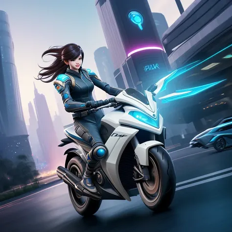 ((masterpiece)), ((best quality)), ((HD 4k)), ((realistic 1.2)) , mature girl, mature girl in a futuristic outfit riding a motorcycle through a city, official splash art mobile legends style  