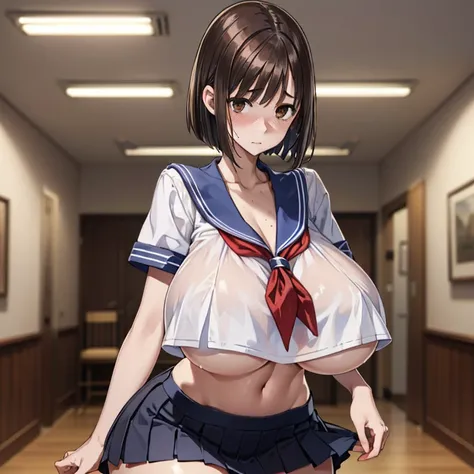 (8k, RAW photo, best quality, masterpiece, soft cinematic lighting, soft color:1.4),{ceiling,( POV,look at me:1.2),face focus:1.5}, (realistic), (indoor background), (solo, mature woman,19years old:1.3), (sailor uniform,underboob,low-cut miniskirt,sheer :1...