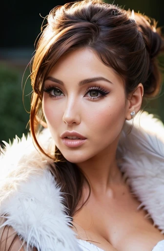 Lucy Pinder, hair tied in chignon, feather boa
