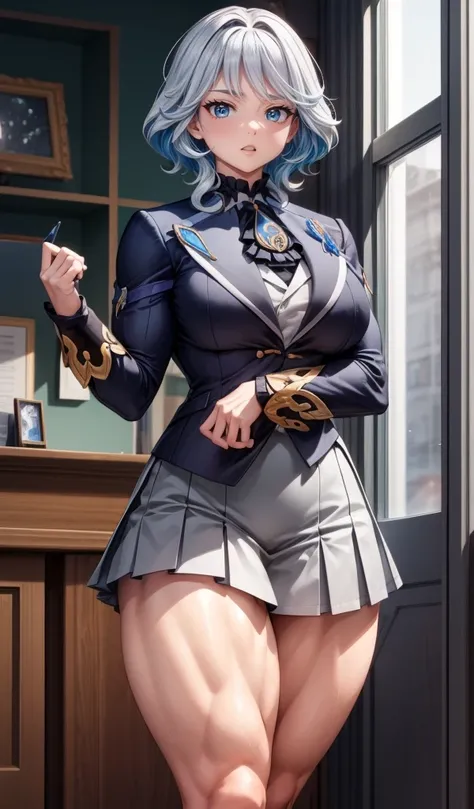 furina, (muscular female:1.1),school uniform jacket, skirt, ,muscular thighs
masterpiece, best quality,  extremely detailed face, perfect lighting, extremely detailed CG,open mouth,