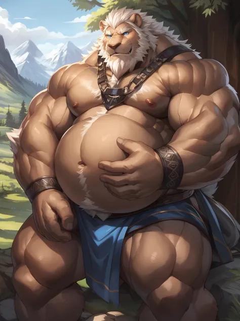 strong lion daddy，Brown skin，White hair and beard，blue eyes，Manly，(穿着黑色皮夹克和牛仔裤和登Mountain靴)，在Mountain中远足，Touching his big belly with one hand，Beautiful natural scenery，trees，Mountain，blue sky，More details，by adios, by null-ghost, by lindong
