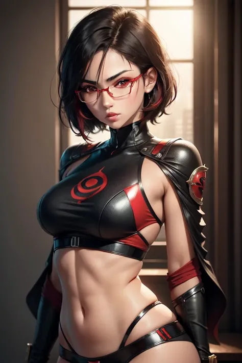 high resolution,artwork:1.2),ultra-detailed,realistic,professional,beautiful detailed eyes,beautiful detailed lips,Dark hair,short black hair,Red and black mix eyeball,  red eyewear,Stunning black eyes,clean skin,18 years old,sleek short hairstyle , glowin...