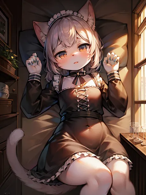 (best quality,4k,highres,masterpiece:1.2),ultra-detailed,(realistic:1.37),anime character,cat-like body and cat-like head,cute unique eyes,cute detailed lips,furry art,popular on pixiv,pixivs top-rated,white cat girl,in maid outfit,fluffy art by Shitao,pov...