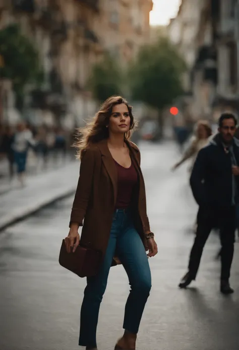 mulher de 26 anos, delicada, cabelos ondulados. Shes walking on a busy sidewalk. Shes wearing misplaced and listening clothes. (cena:rua movimentada)