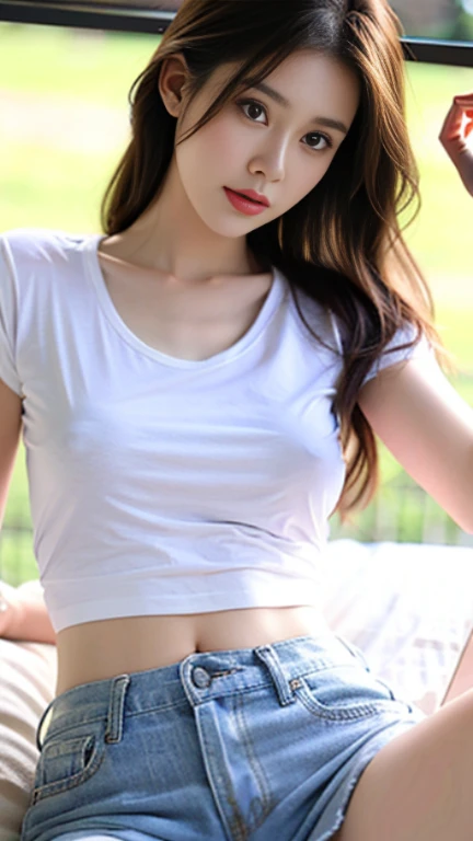 A beautiful girl wearing a white t-shirt, three holes, short jeans, DGirl beautiful 