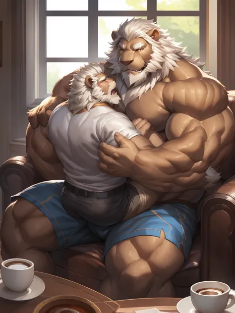 strong lion daddy，Brown skin，White hair and beard，Manly，Sit on the small sofa，holding little son，affectionate father and son，Only shorts，Bright and tidy living room，window，coffee table，More details，by adios, by null-ghost, by lindong
