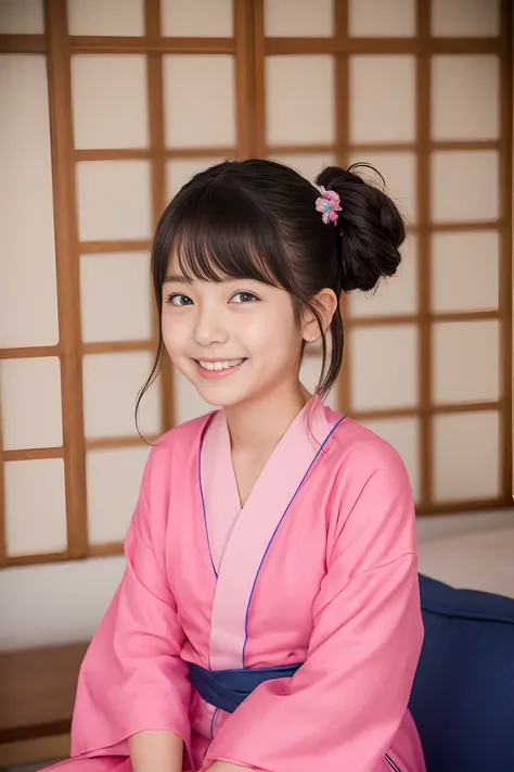 (super highest quality、8K、Masseter muscle part、delicate illustrations、Full body Esbian)、Very cute Japan girl about 10 years old、 body type, （Wearing a yukata while naked）、A big smile、black twin-tails、sit in one&#39;s room　