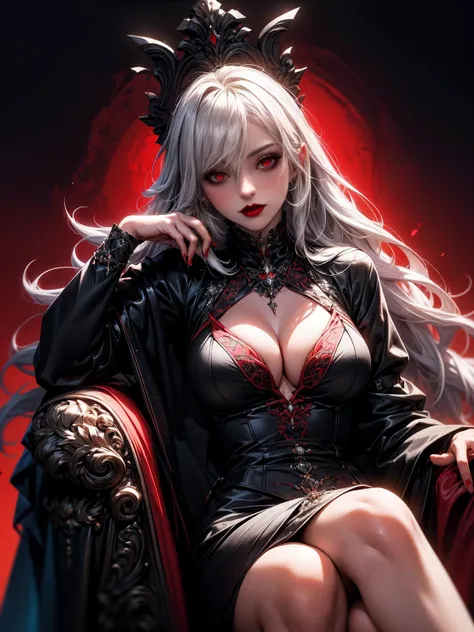 Visualize a stunning female vampire, a vision of unearthly beauty. She possesses striking red eyes that pierce through the darkness, contrasting with her lustrous black hair. Her lips, adorned with a deep red lipstick, hint at the seductive allure that def...