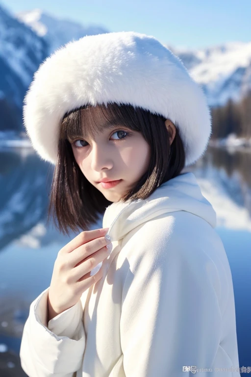 1 girl、Reflecting the whole body、fantastic snow lake、Real like a photo、very short black hair、white hat、white coat、Big Eyed Beautiful Girl、18-year-old、healthy dark skin、breathe into your hands