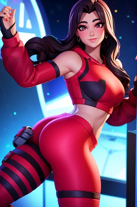 Ruby , (fortnite),1girl, solo, long hair, looking at viewer, smile, breasts, city background, butt, bare shoulders, tight shirt, closed mouth, portrait, red sweatshirt, skin tight pants, red sports pants, seductive, simple background, realistic, best quali...