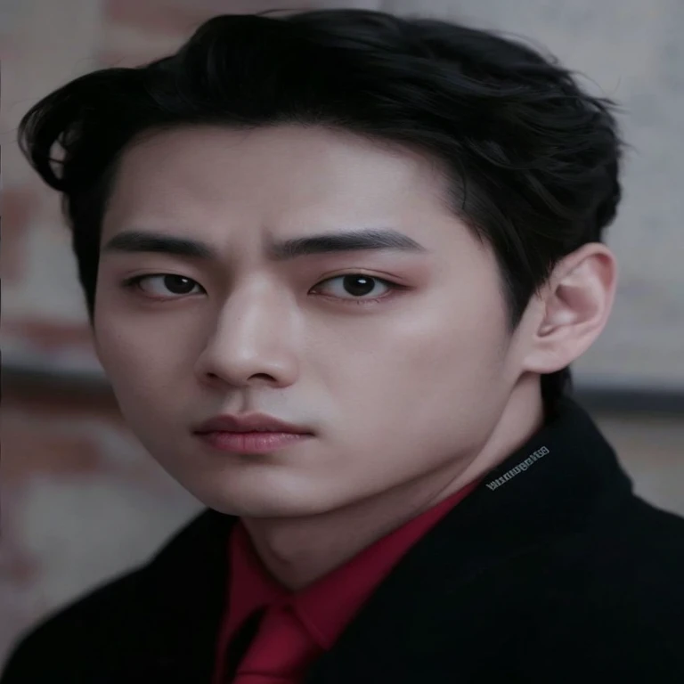 Hay un hombre con una camisa roja y una chaqueta negra, sus ojos parecen sabios, young pale angel, pale korean adorable face, SFW, hermoso rostro, handsome prince, inspirado por Yang Borun, inspirado en Wuzhun Shifan, hermoso rostro and beautiful face, ins...