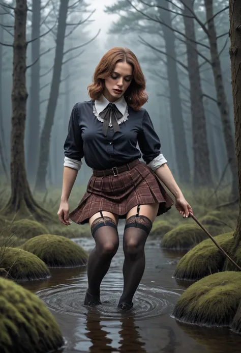 70s style illustration,tortured by lust shy vulnerable desperate mature female drowning in the middle of forest bog and sexy tease herself,skirt,blouse,(stockings with garters),indulging in fetish, (cant hold orgasm squirt), dark ecstasy