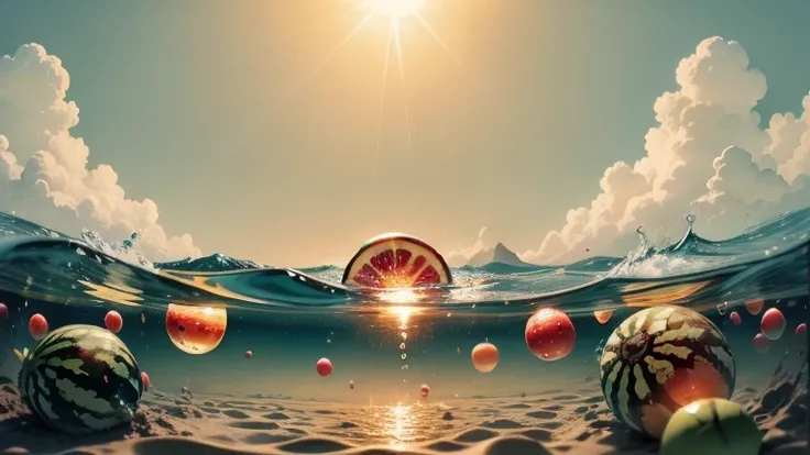 high-end feeling, atmosphere, Summer solstice season poster, direct sunlight，Sea and sky，Baiyun，Refreshing, watermelon, seawater, There are fruits floating in the water，innovative design, Sense of space, creativity, Film and television style，8K ultra-clear