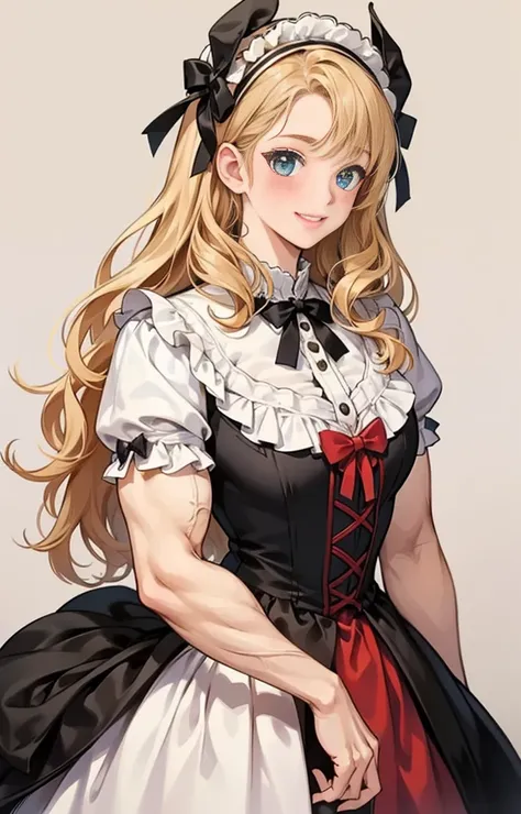 girl with、Background white、without background、a blond、The long-haired、Curly hair、Curly hair、Contrasting bangs、Onepiece、frilld、bow ribbon、Lolita Fashion、with blush cheeks、Smiling、Have strawberries、muscular female,biceps、without background