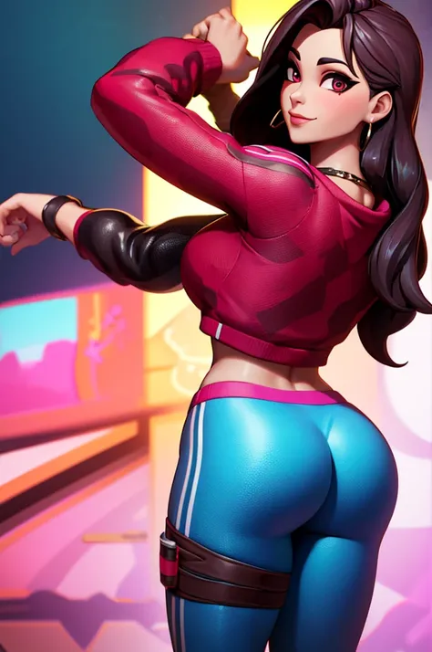 Ruby , (fortnite),1girl, solo, long hair, looking at viewer, smile, breasts, city background, butt, bare shoulders, tight shirt, closed mouth, portrait, red sweatshirt, skin tight pants, red sports pants, seductive, simple background, realistic, best quali...