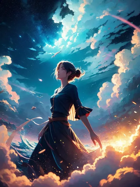 1 girl, eye, close, beautiful night sky, Meteors, beyond the clouds, surrounded water, reflection, wide angels, breathtaking clouds, wide angle, by makoto shinkai, thomas kinkade, james gilliard, by Holosomnia Landscape, HDR, volume lighting, ray tracing, ...