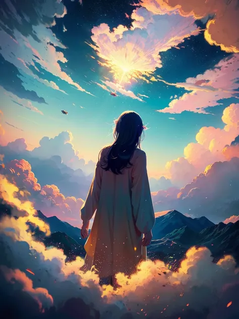 1 girl, eye, close, beautiful night sky, Meteors, beyond the clouds, surrounded water, reflection, wide angels, breathtaking clouds, wide angle, by makoto shinkai, thomas kinkade, james gilliard, by Holosomnia Landscape, HDR, volume lighting, ray tracing, ...