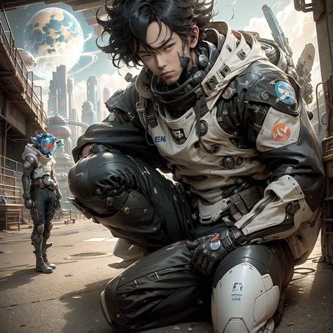 anime guy sitting on the ground looking at the planet, space cowboy, cyber space cowboy, inspired by Josan Gonzalez, makoto shinkai ( apex legends ), akira artstyle, ross tran style, akira vibes, akira art style, floating beside planets, josan gonzales, sc...