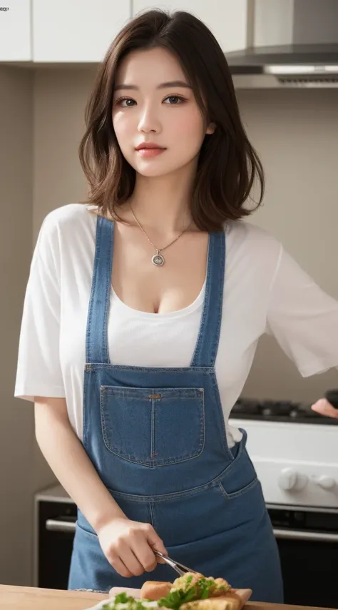 (Best quality, 8k, masterpiece: 1.3), a beautiful woman with perfect figure: 1.2, dark brown hair, wearing a pendant, wearing an apron, in the kitchen, highly detailed face and skin, detailed eyes, double eyelids, big breasts, take off T-shirt