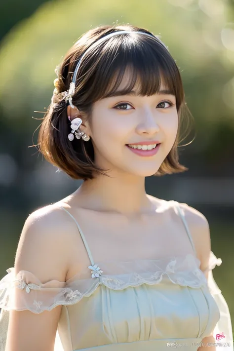 (surreal), (illumination), (High resolution), (8K), (very detailed), (The best illuminationneautiful detailed eyes), (quality), (super detailed), (masterpiece), (wall-), (Detailed face delicious smile)、(beautiful features)、medium length bob haircut、Ear hoo...