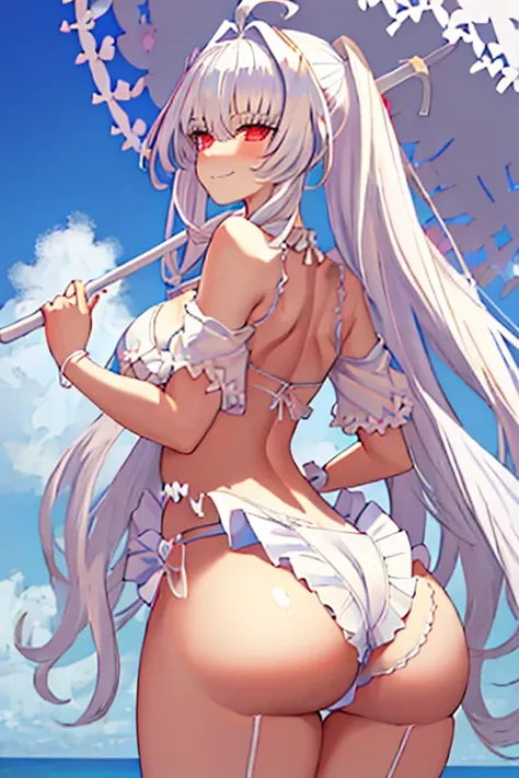 best quality, masterpiece, highres, solo, {lady_avalon_fgo:1.15}, long_hair, white_hair, bangs, ahoge, breasts, smile, very_long_hair, swimsuit, bikini, white_bikini, purple_eyes, medium_breasts, frilled_bikini, cleavage, umbrella, parasol, navel, red_eyes...