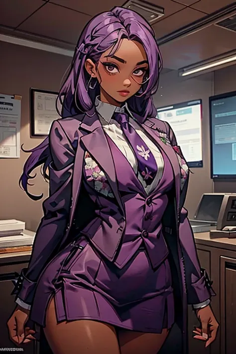 purple highlights, long hair, intern, dark skin, papers, skirt suit, (((three-piece suit))), (((necktie))), blazer, (((suit jack...