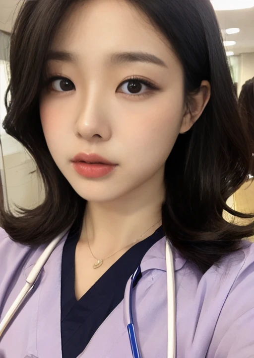 nurse uniform、full body shot、A woman with the same face as last time(misaki)，４Ｋ、１people&#39;s women、slender、 Loose wavy styling 、seductive and attractive,Including face and skin texture，detailed eyes、a seductive look