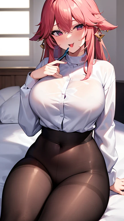 ((masterpiece, best quality)),8k,indoor ,1yae miko,mouth_hold,(white shirt:1.2) ,looking at viewer,slim waist,black bra, use pantyhose, open mouth, stick out her tongue out at viewers