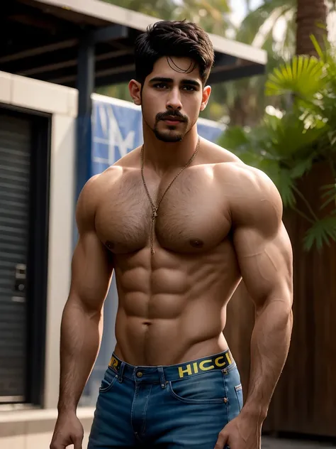 handsome guy, Sidharth Malhotra, Hairy chest, mustache, buzz clip, naked，(Ultra-thin tight thong)，Big bag highlights，Plump your pectoral muscles，Sexy and charming expression，Gloomy eyes，blue eyes，Basketball court outside, ((Slim, muscular)), photoactual, p...