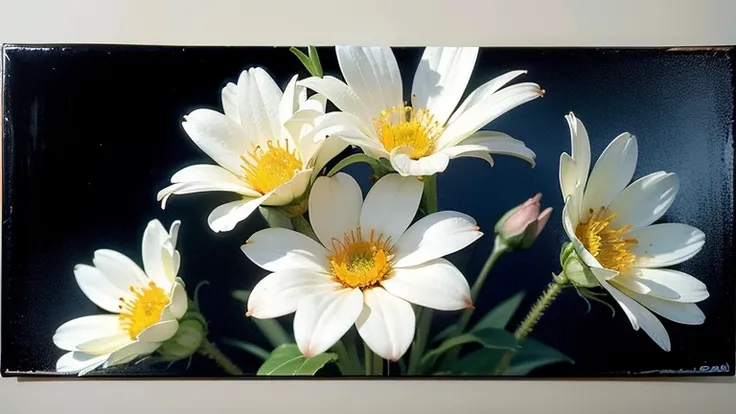 ((best quality)), ((masterpiece)), (detailed), ultra high resolution, Realistic photos:  Gradient blue oil painting background，Fresh flowers blooming, Abstractionism, white impasto flowers，Two flowers，Don&#39;t show people，No more than 5 colors，Oil paintin...