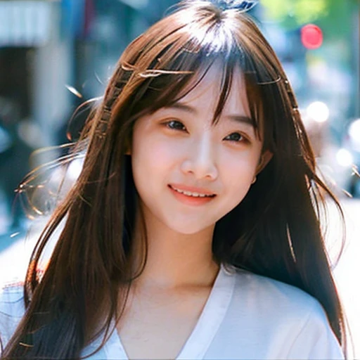 A beautifully cute late-teen girl, resembling a Japanese actress, depicted in an illustration. Her face radiates an enchantingly youthful charm, with an elegant and refined chestnut hair cascading down, and her bangs framing her eyes up to the brows. The g...