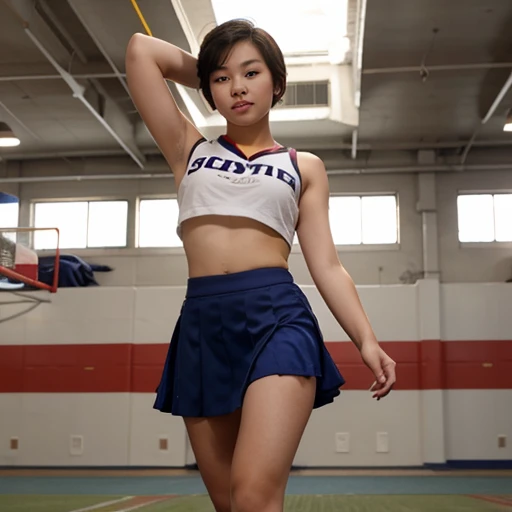  young Asian teen  Short hair, cheerleader, top less, cheerleader skirt