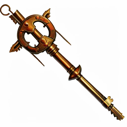 old key, fantasy key, door key, rusty key, Rusted Key Of Detect Evil - This key will glow a very faint orange when evil is near. One use only., MagicItem_v1, (white background), fullshot