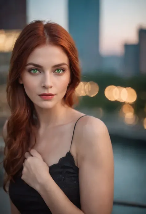 Woman 23 years old green eyes red hair night city background 