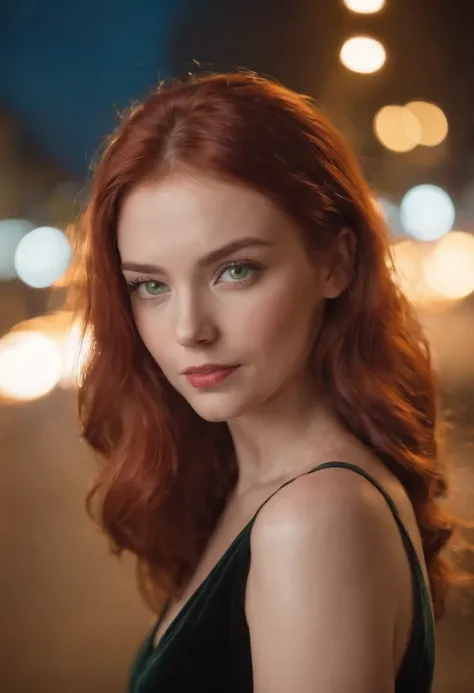 Woman 23 years old green eyes red hair night city background 