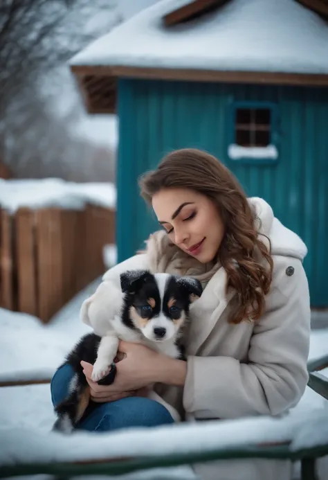 A young woman in the winter in the snow in the yard plays with a small puppy with multi-colored eyes, in the background there is a kennel and a corner of a house upholstered with a metal profile