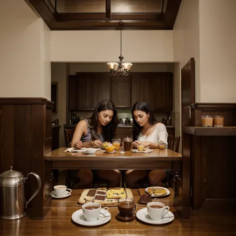 View of a family sitting t breakfast table eatting chocolate sandwich vertical image. 9:16 ratio. Photo real.