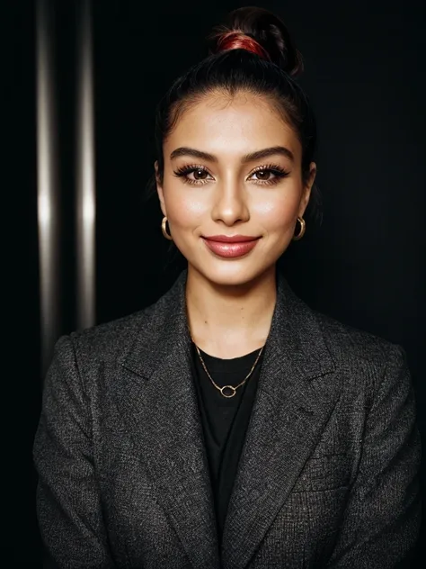 photo of zh_heloiseh, (eye level, headshot:1.2) ,wearing makeup and with black hair, smiling, she is wearing apple print blazer , she is wearing brooch, her hair is styled as knotted ponytail, BREAK she is (blusking in a city:1.1), hash flash lighting, sho...