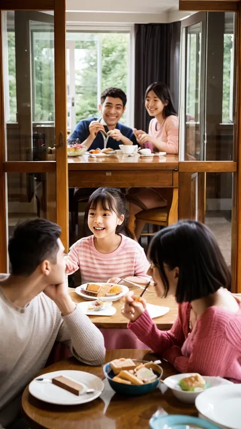 View of a family sitting at breakfast table eatting chocolate sandwich  happily. vertical image. 9:16 ratio. Photo real. 