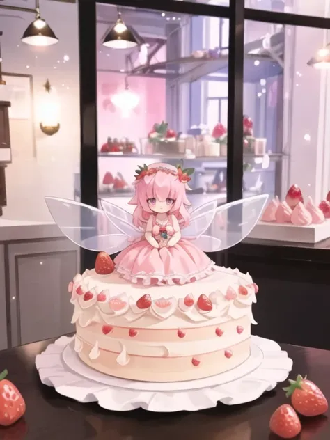 Inside the cafe, blurry,highest quality,A masterpiece of detailed writing,16K or 8K,A small fairy is floating above a large whole cake decorated with strawberries, raspberries, blueberries, fresh cream, and chocolate on a table in the bottom center of the ...