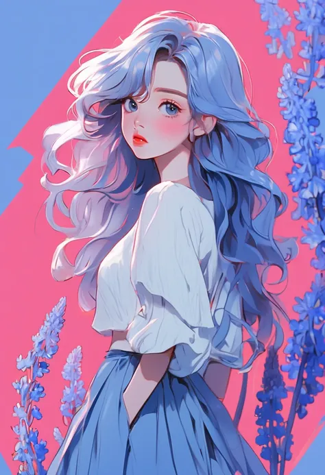 illustration style, anime , realistic ,sketch , 1 girl, ,lip, skirt,order, Blue gradient background, Neon Hair,textured crop, muscari flower,Canadian, (masterpiece,highest quality)

