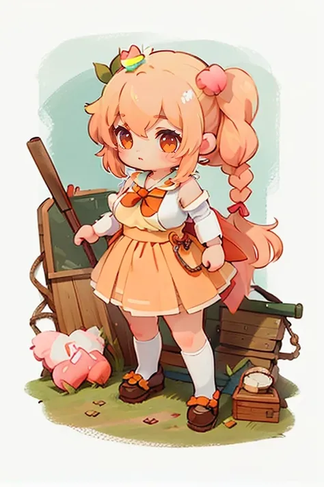 (peach color: 1.3), one girl, solo, school girl, wheel clamp, pony tail, braids, big breasts