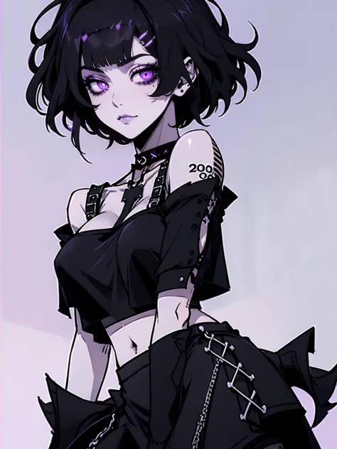 Jk. 1girl. Neon palette, short black hair, side swept bangs, dark purple eyes, black ruffled crop-top dress, shoulders exposed, black choker on neck. Tattoos on arms.